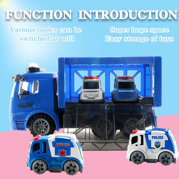3-in-1 Friction Power Toy Vehicle in Carrier Truck 1:14 Plastic Window Box Unisex ABS Toy Truck Car with Bioplastic Material